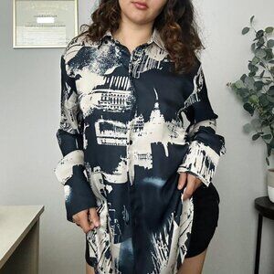 H&M city print, silk button up shirt